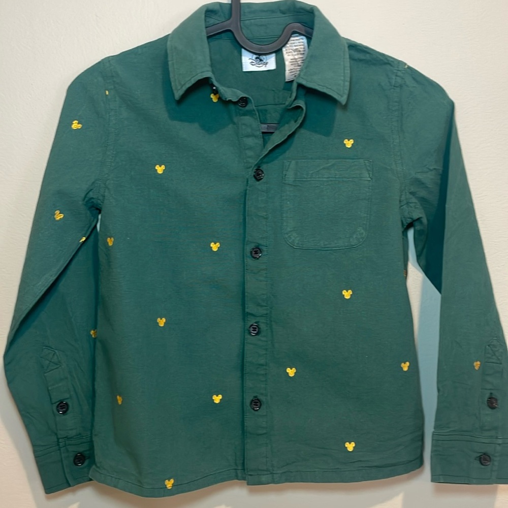 Disney Parks long sleeve button shirt, green yellow Mickeys Adorable Cute